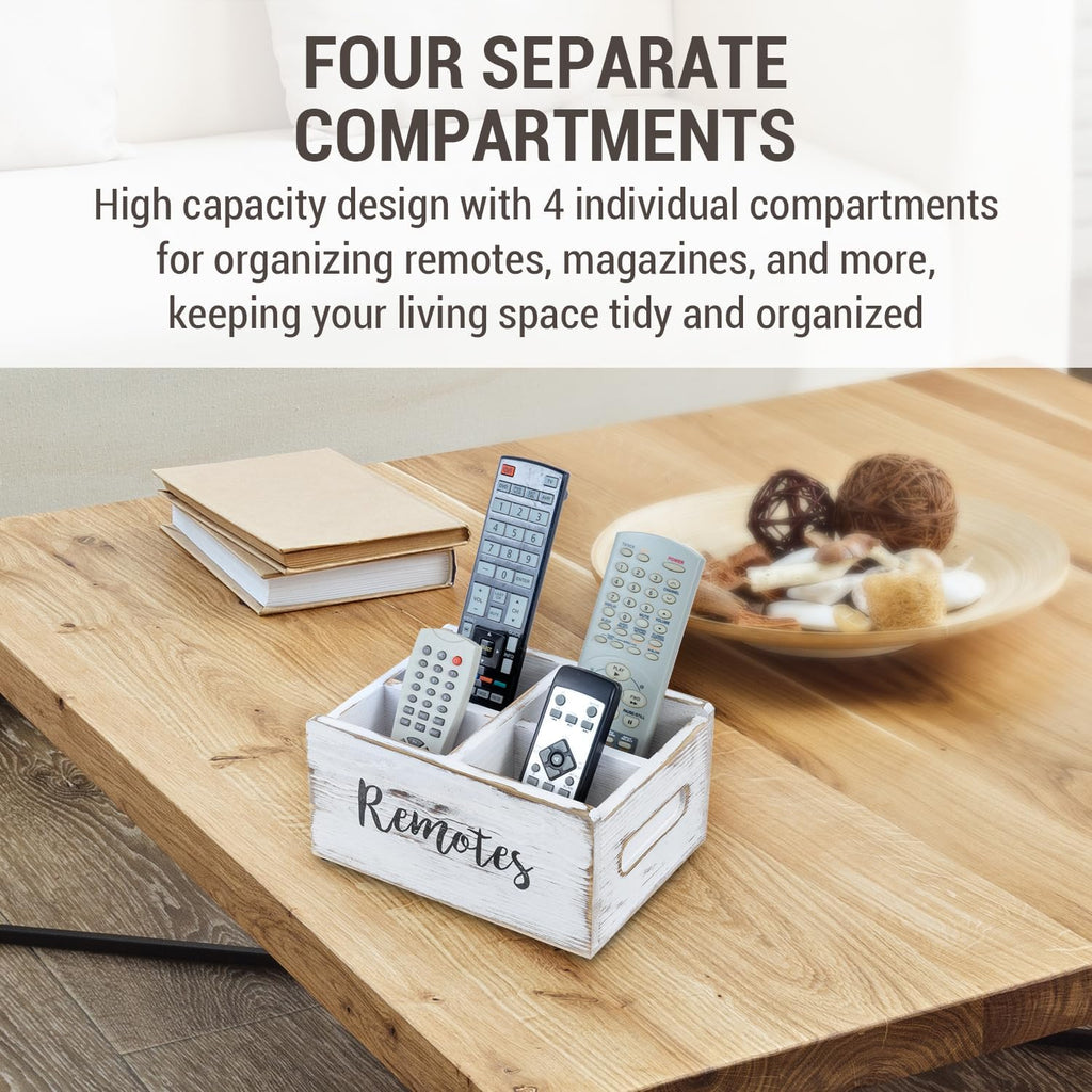 MyGift Wood Remote Control Holder Organizer with 4 Compartments, Media Remote Caddy Storage with Cursive REMOTES Design, Whitewashed
