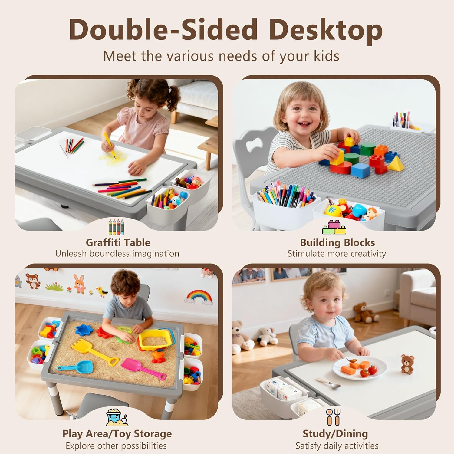 Kinder King Kids Table & 2 Chairs Set, Height Adjustable Children Activity Table w/Storage, Graffiti & Building Blocks Tabletop, Toddler Furniture Set for Classroom, Daycare, Home, Age 3+, Grey
