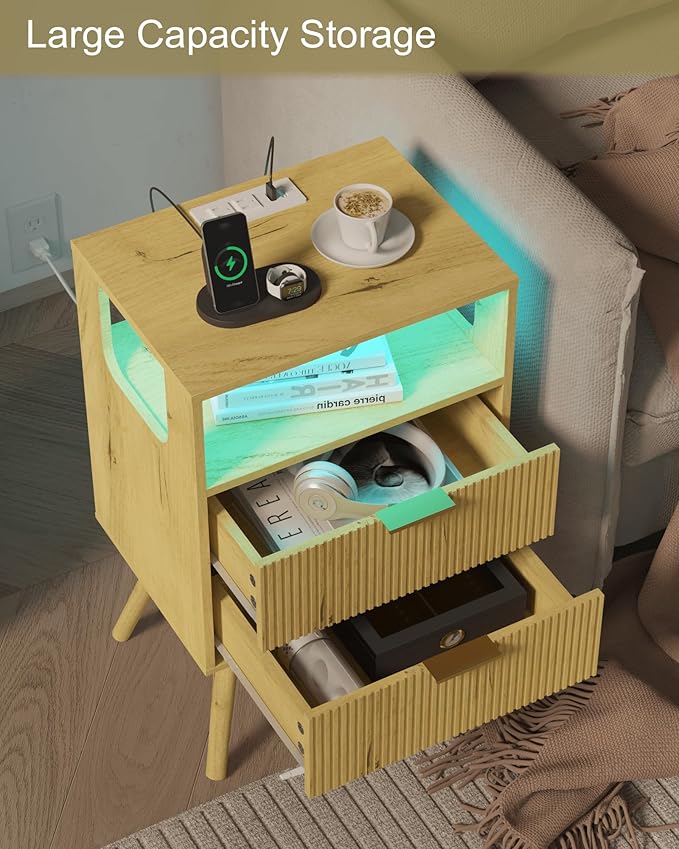 Nightstand with Charging Station and LED Lights,Modern Bedside Table with 2 S...