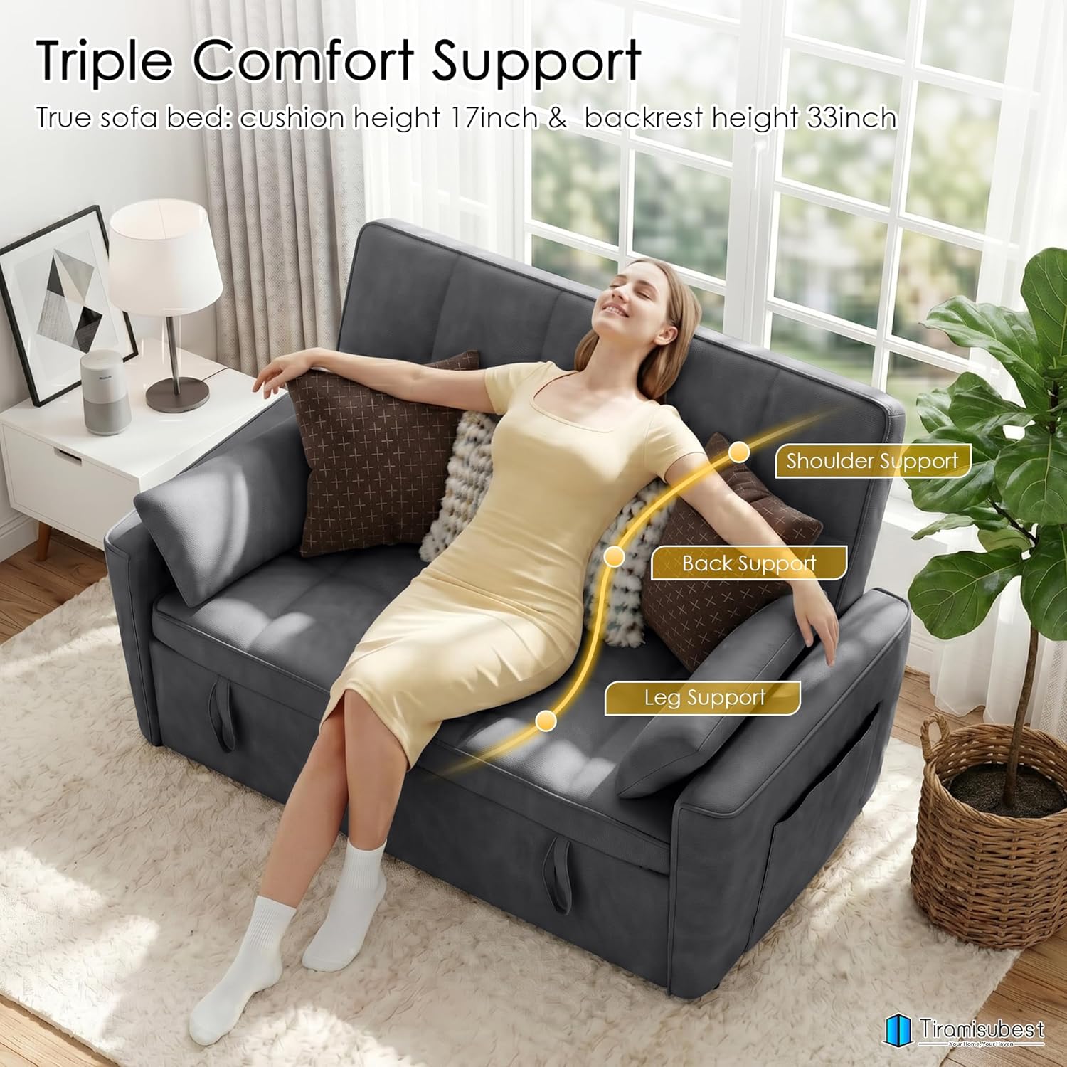 54'' Sleeper Sofa Bed, Convertible Pull Out Couch Futon for for Living Room,Apartment (Darkgrey, Loveseat) Side Pockets, Velvet Fabric, Adjustable Backrest, Pull-Out Bed, Easy Assembly