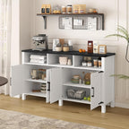 59'' Modern 4-Door Sideboard Buffet with Power Outlets & USB Ports,Adjustable Shelves and Half-Open Storage Cabinet,Metal Accents & Aluminum Handles for Living Room,Dining Room,Entryway (White+Black)