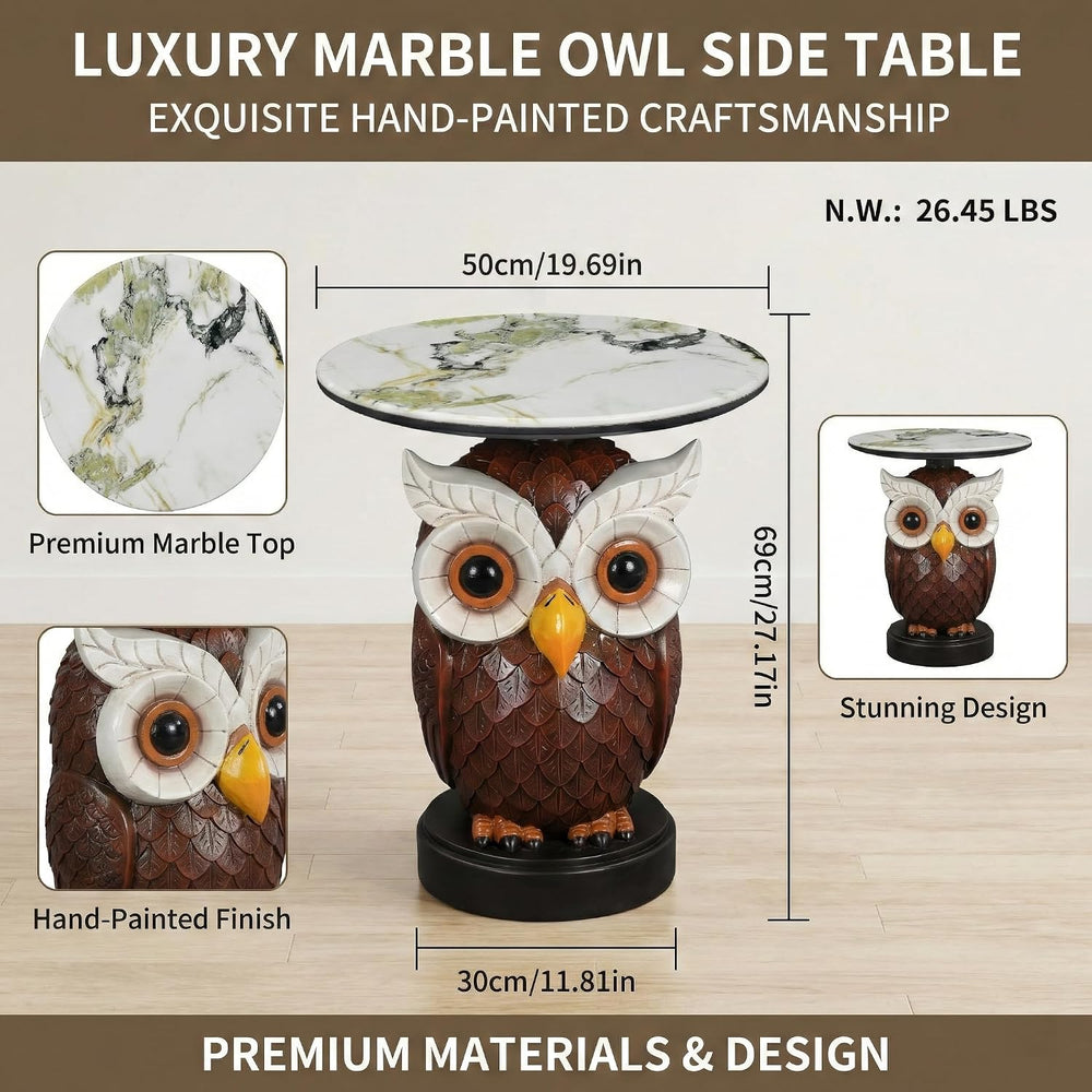 Virubi Owl Accent Table Animal Statue End Table, Round Faux Marble Top Side T...