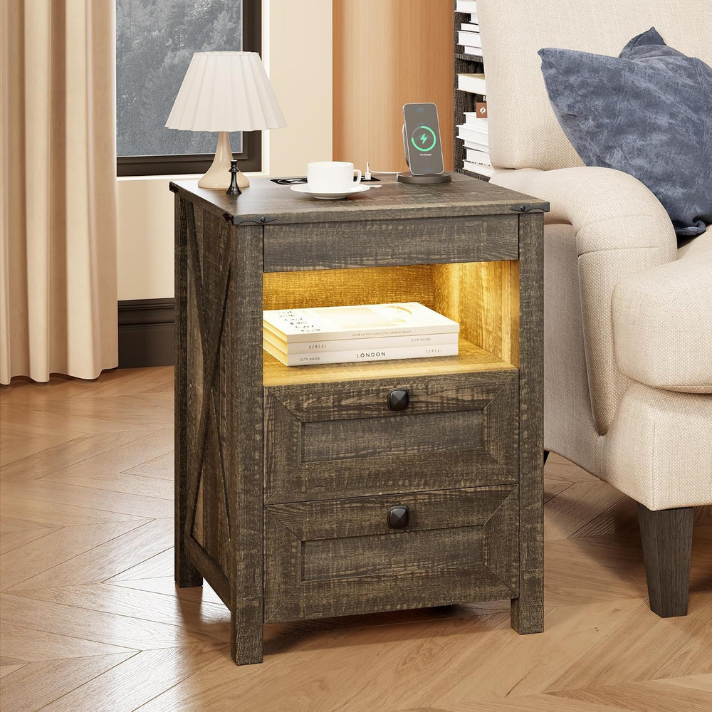 FREDEES LED Nightstand with Gun Drawer, Bedside Table with Charging Station f...