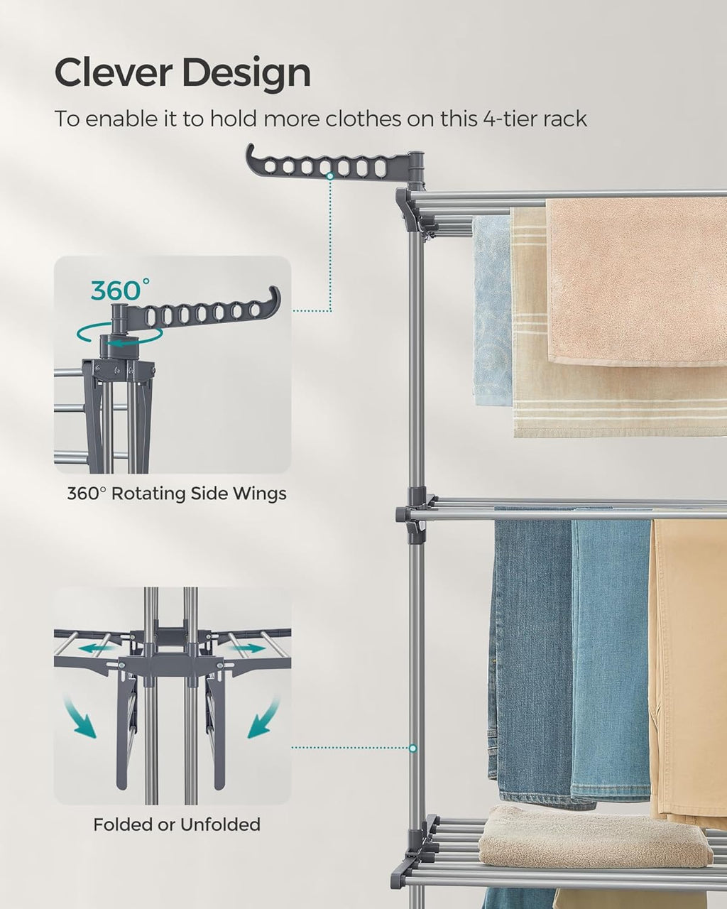 SONGMICS Clothes Drying Rack Stand 4-Tier, Foldable Laundry Drying Rack 68.1-Inch Tall, Steel, Rolling Clothes Horses Dryer Rack, Easy to Assemble, Indoor Outdoor Use, Dove Gray ULLR701G01
