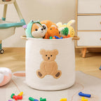 Large Blanket Baskets for Living Room, Teddy Bear Baskets Toy Storage Basket, 14" x 14" Woven Cotton Rope Basket for Kids, Toys Organizer Clothes Hamper with Embroidery, Teddy Bear Nursery Decor