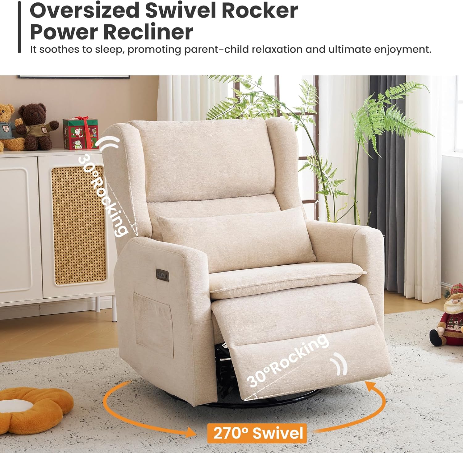 Oversized Swivel Rocker Recliner with Lumbar Cushion, Power Recliner Nursery Chair with Adjustable Headrest, Nursery Glider Recliner for Living Room, Beige