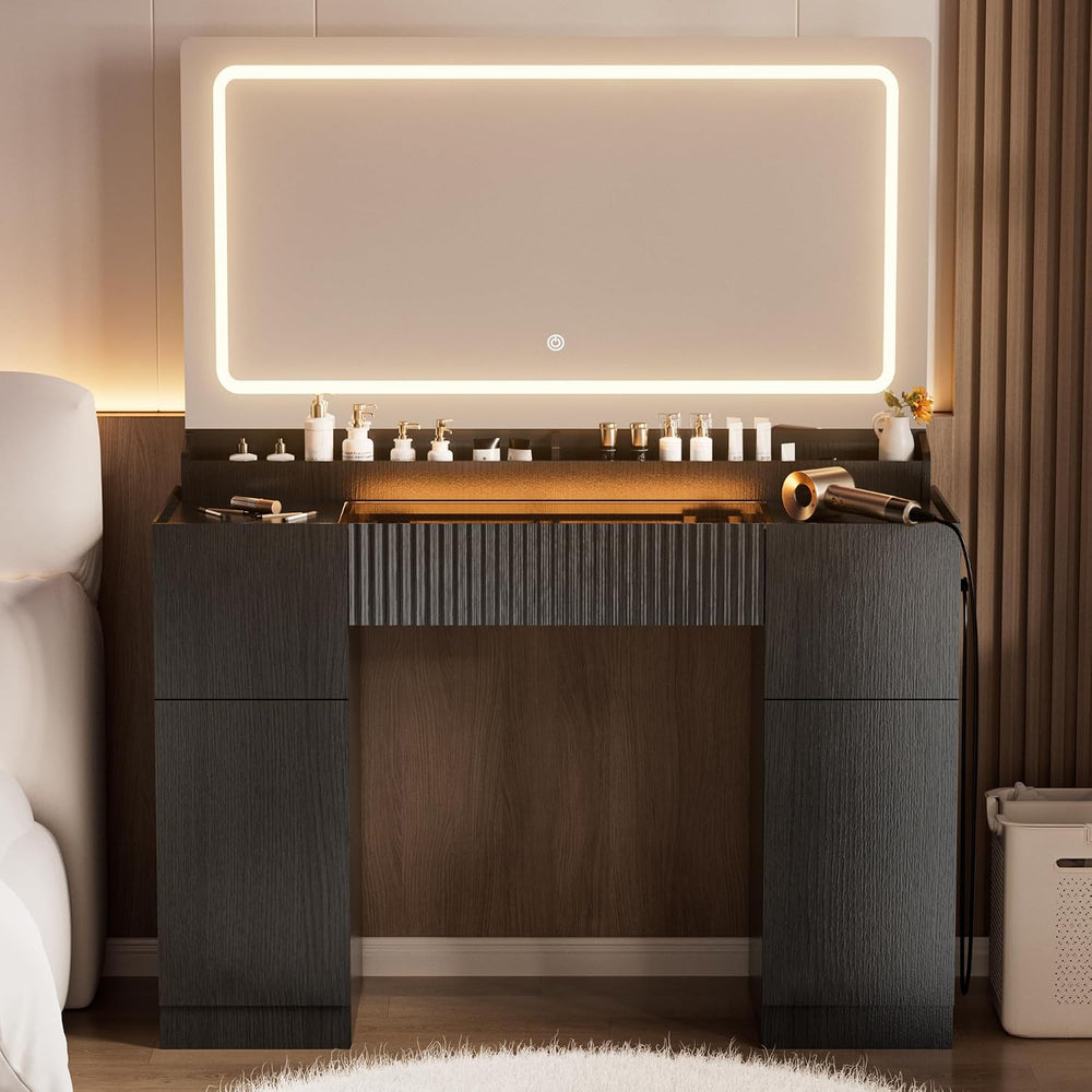 INNOD 44" Vanity Desk with Large Mirror and Lights, Modern Glass Top Mak...