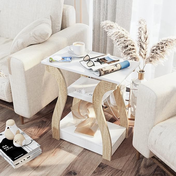 End Table with Charging Station, Side Table with USB Ports and Outlets, Night...
