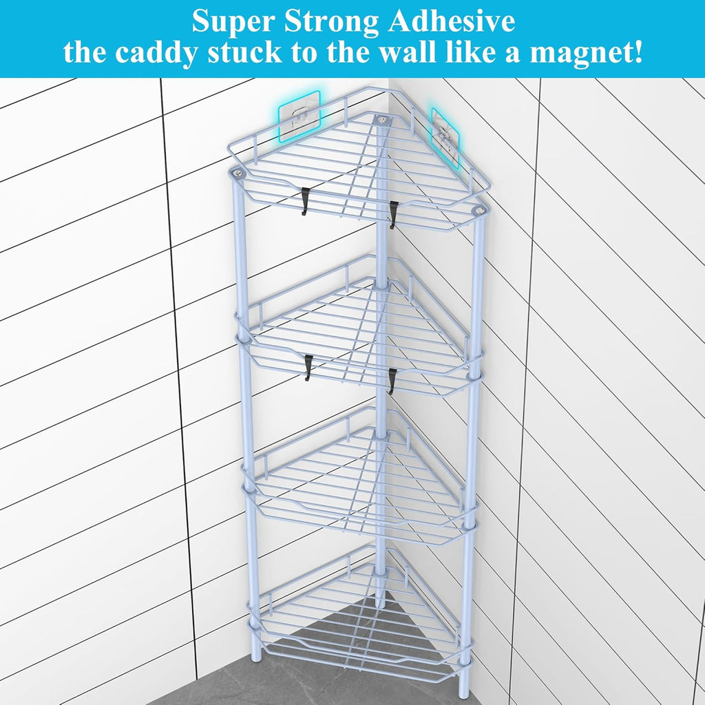 4 Tier Floor Standing Corner Shower Caddy Organizer Shelf with Hooks, Bathroom Shelves Stand Rack, Blue