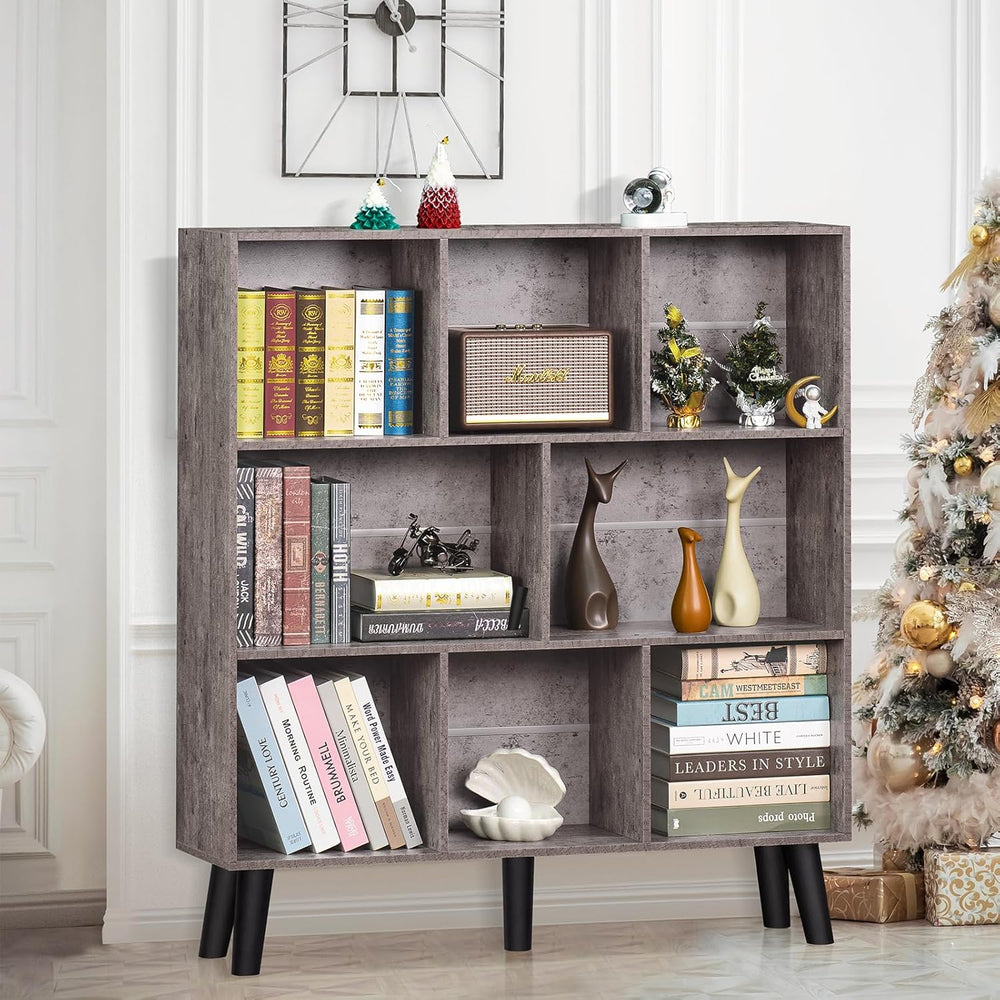 LEYAOYAO 8 Cube Bookshelf,Farmhouse Bookcase with Legs,Modern Dirty Grey Mid-...