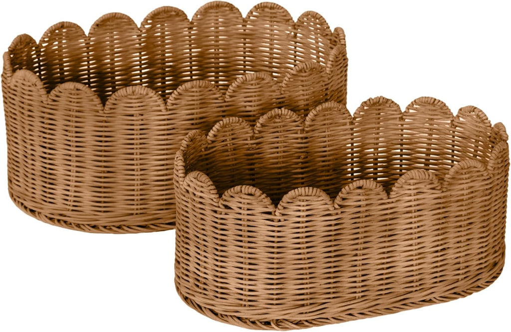 BEBE BASK Premium Scalloped Basket Set of 2 (16x10x7 In) - Storage Baskets | Handwoven Rattan, Scallop Basket, Wicker Basket With Scalloped Edge, Nursery Storage, Set of 2, Mocca