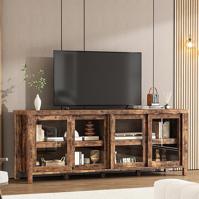 GAOMON TV Stand for 65" with Entertainment Center, Storage Cabinet, 4 Sliding Glass Doors, Mid Century Modern Media TV Console Table for Living Room Bedroom, Retro Brown