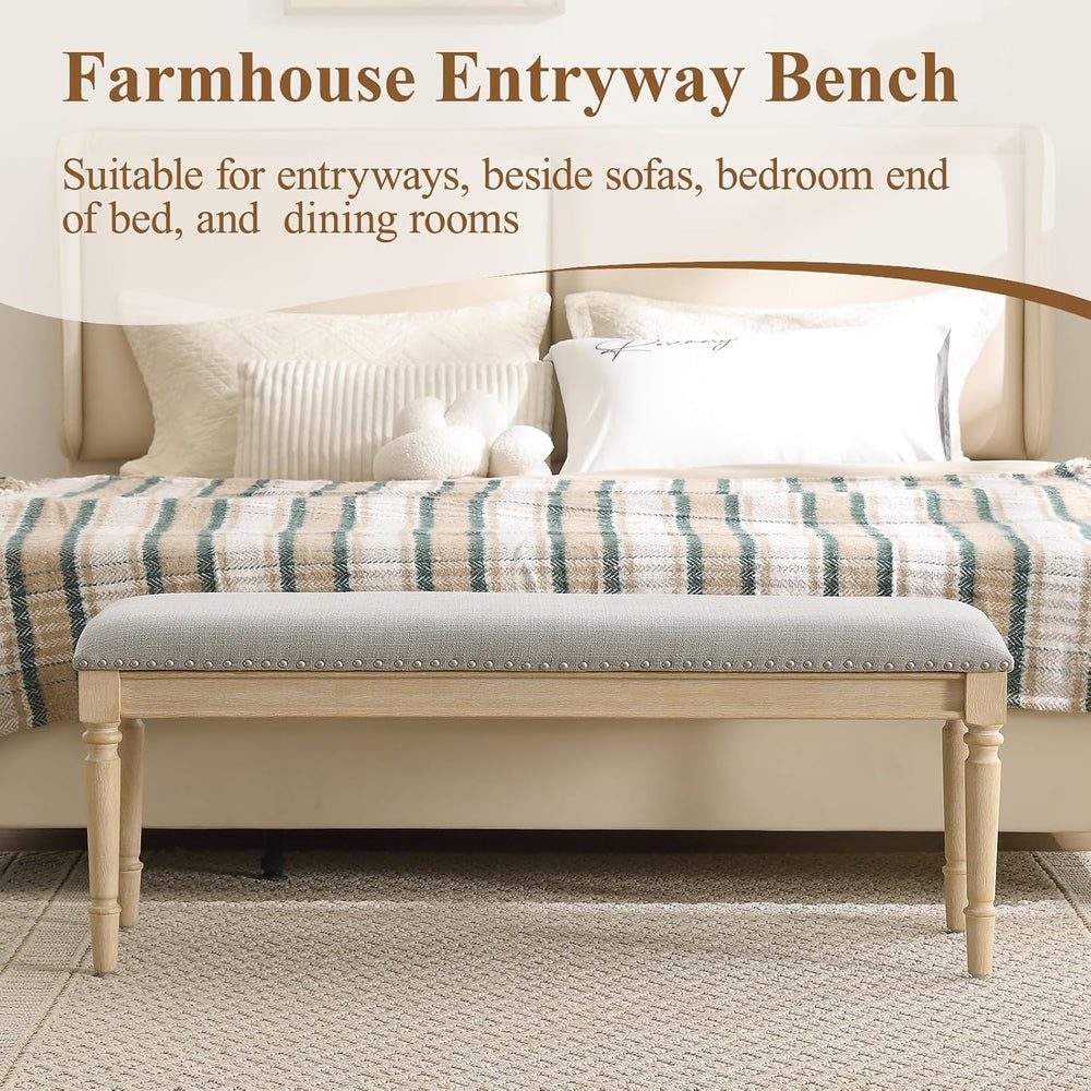 46'' French Country Entryway Bench Wooden Linen Fabric Upholstered Se...