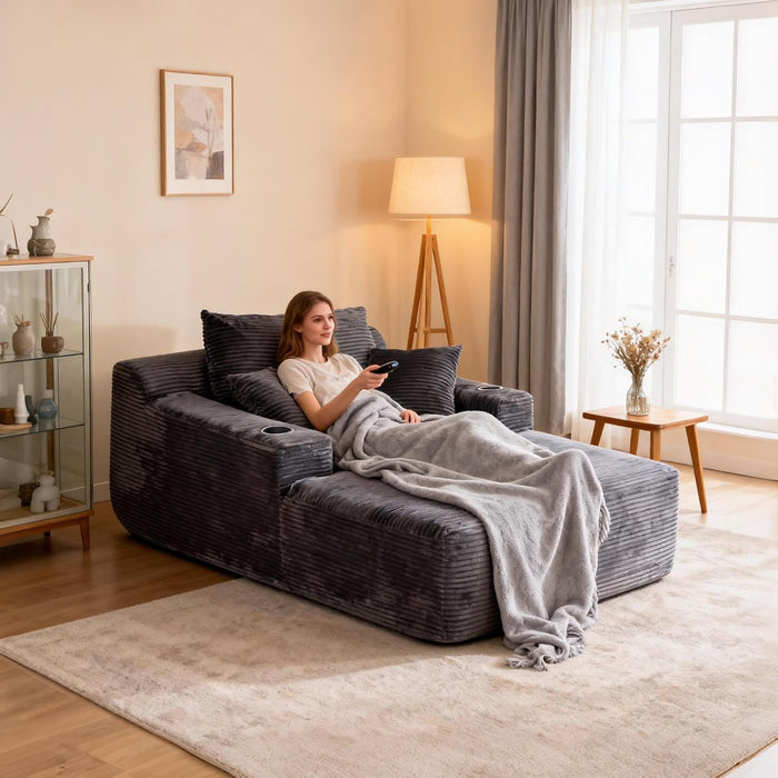 Chaise Lounge Chair Indoor, 67" Oversized Sofa Bed with Pillows No Assembly Required, Deep Seat Corduroy Boneless Sleeper Couch for Living Room Bedroom, Modern Reading Chair, Gray
