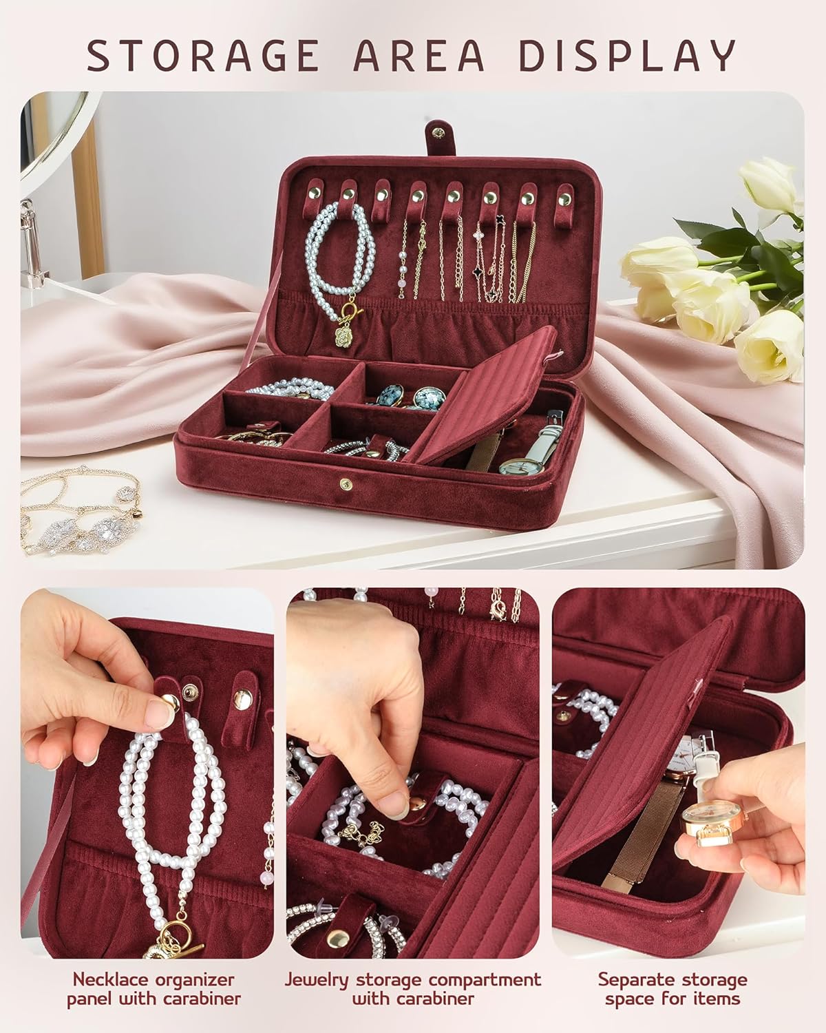 VELORIA Jewelry Box, Premium Velvet Travel Jewelry Organizers And Storage, Dust-Proof, Scratch-Resistant Jewelry Case for Necklaces Bracelets Bangle, Portable Luxury Gift for Women & Girls (Dark Red)