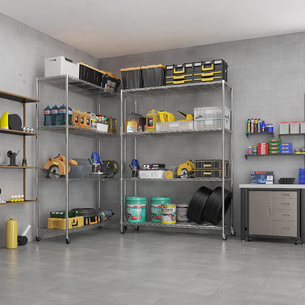 Karl home Silver 4-Tier Wire Storage Shelving with Wheels, 800LBS | Rolling Storage Unit Dimension 64.96"H X 46.06" W X 17.7" D, Multipurpose Organizer for Garage, Kitchen, Basement