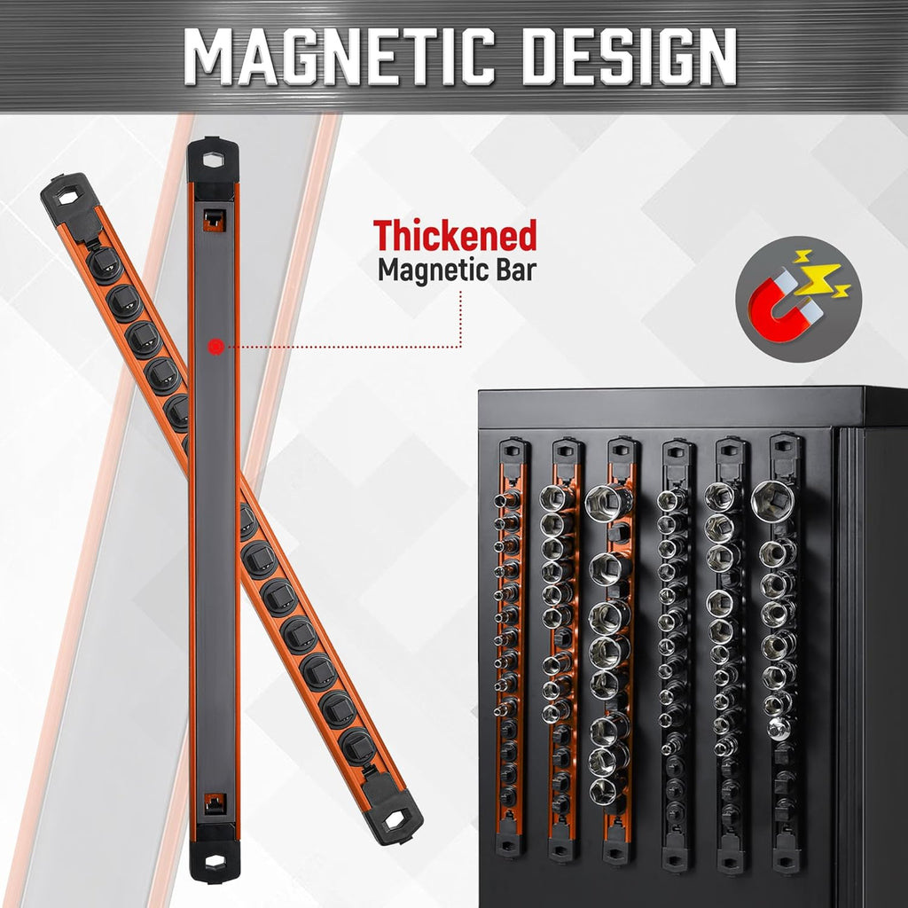 ALOANES 6-Piece Magnetic Socket Organizer, Heavy Duty Aluminum Socket Rails Organizer, 360° Swivel Clips Socket Holder Kit for Tool Box, 1/2, 3/8, 1/4-Inch Socket Holder x 80 Clips (Orange)