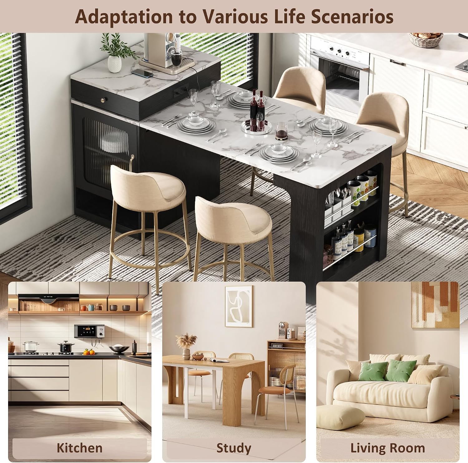 Merax 59.5" Kitchen Island with Extendable Table, Black | Table with Double-Sized Storage, Modern Island with 2 Drawers, Power Outlet, Side Open Shelves for Dining Room