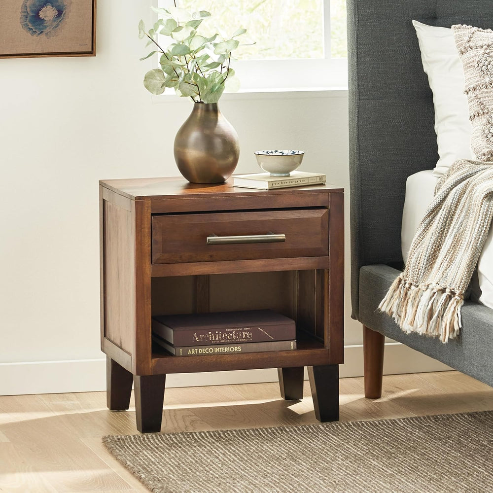 roomfitters Industrial Brown Acacia Wood End Table, Luxury 1-Drawer Storage N...