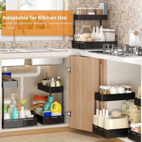 2Packs Under Sink Organizer with Adjustable Height and Width, Under Cabinet Organizer to Tidy, Sturdy Metal Design for Kitchen and Bathroom
