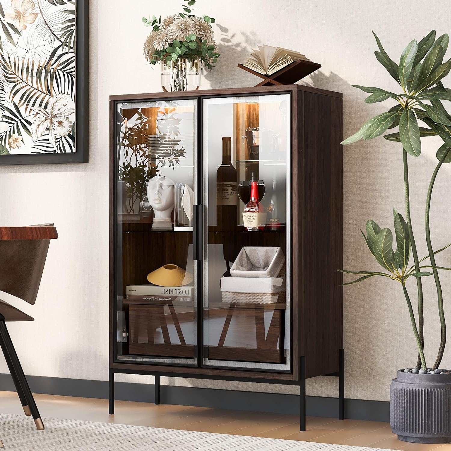 roomfitters 51.2'' Display Cabinet with Glass Doors, Pantry Storage Cabinet with Shelves for Living Room and Kitchen, Walnut