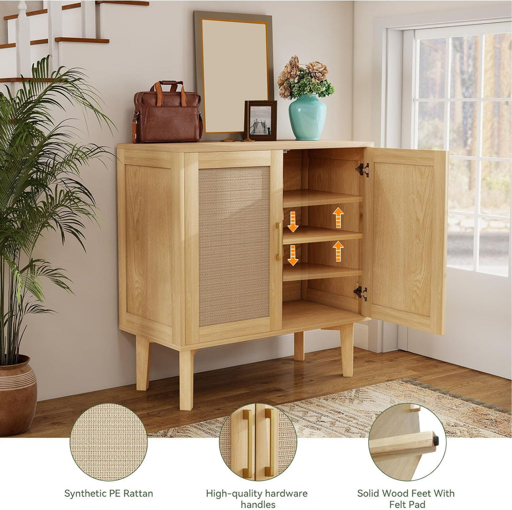 ITEFDTUTNE Rattan Cabinet, Buffet Storage Cabinet Sideboard with 2 Doors & Solid Wood Feet, for Hallway, Entryway, Living Room,or Kitchen