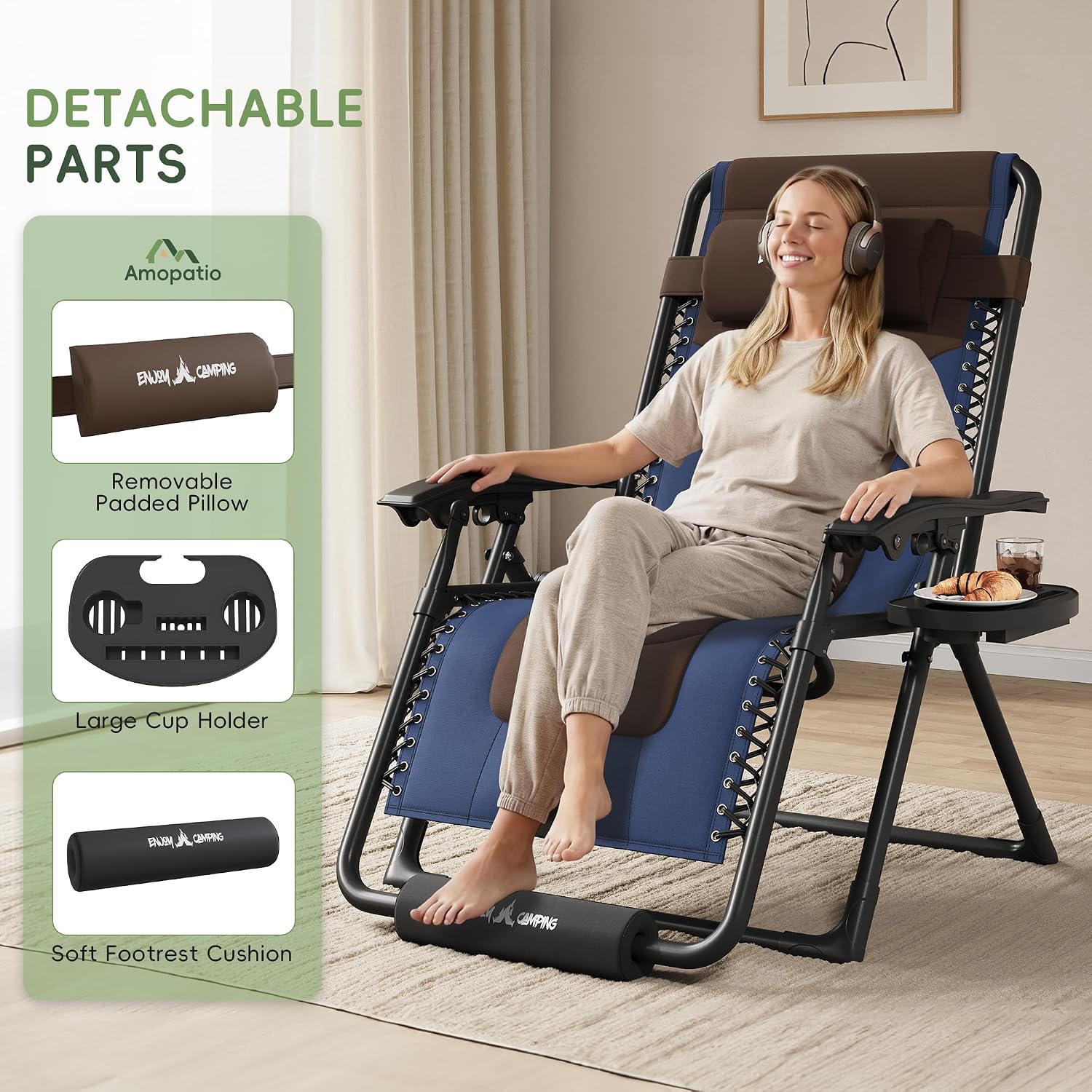 Amopatio Zero Gravity Reclining Patio Chair,XL Foldable Lounge Chair with Removable Cup Holder/Headrest/Footrest,500LBS Capacity, Portable for Outdoor Patio Pool Backyard