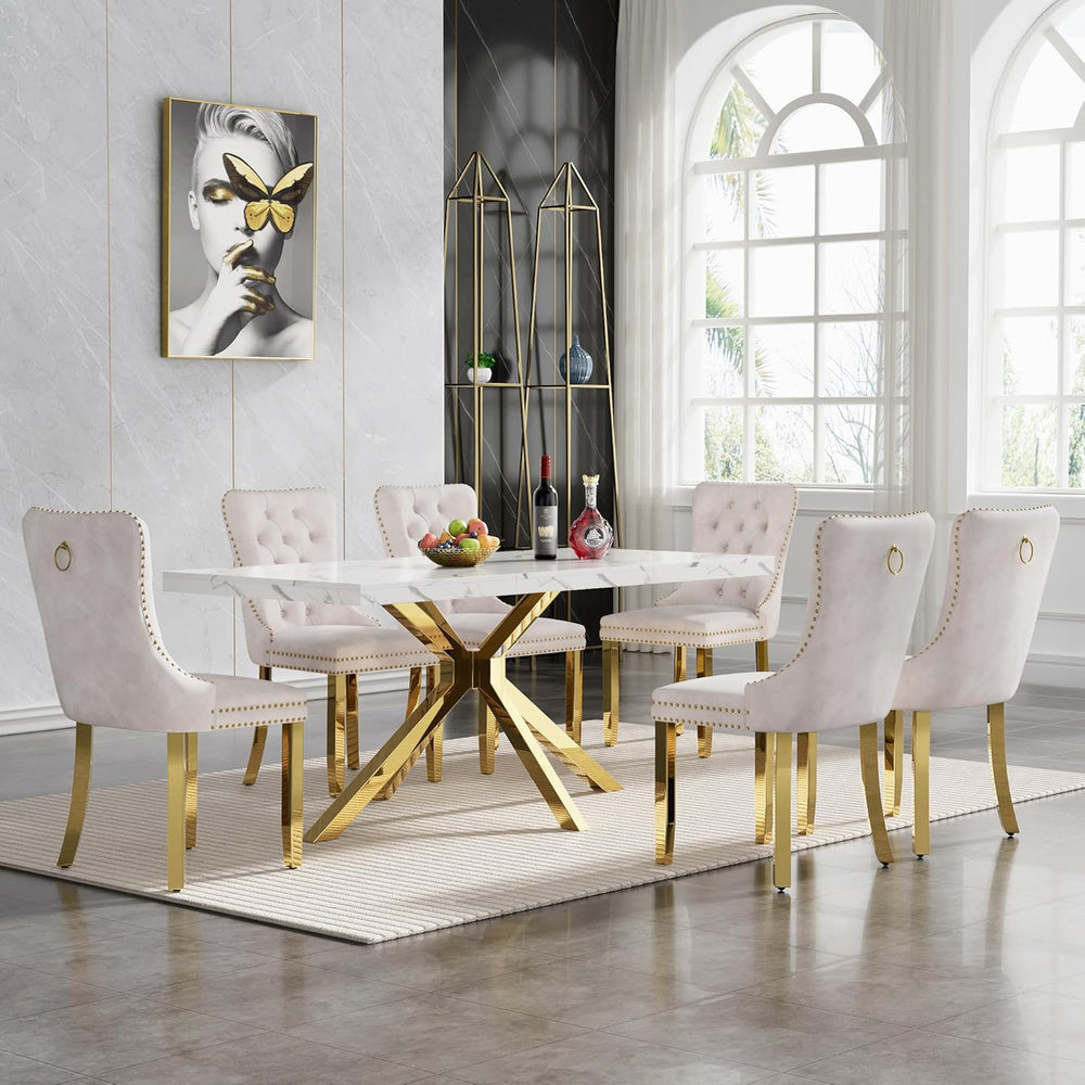 70 inch Faux Marble Dining Table for 4-6, Modern Kitchen Table with White Fau...