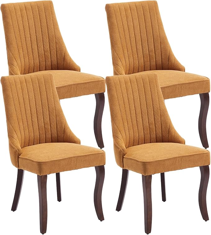 Dining Chairs Set of 4，Linen Channel Tufted Kitchen Dining Room Chair with Curved Solid Wood Legs, Comfortable Fabric Upholstered Dining Chair for Dining Room, (Gold, 4pc)