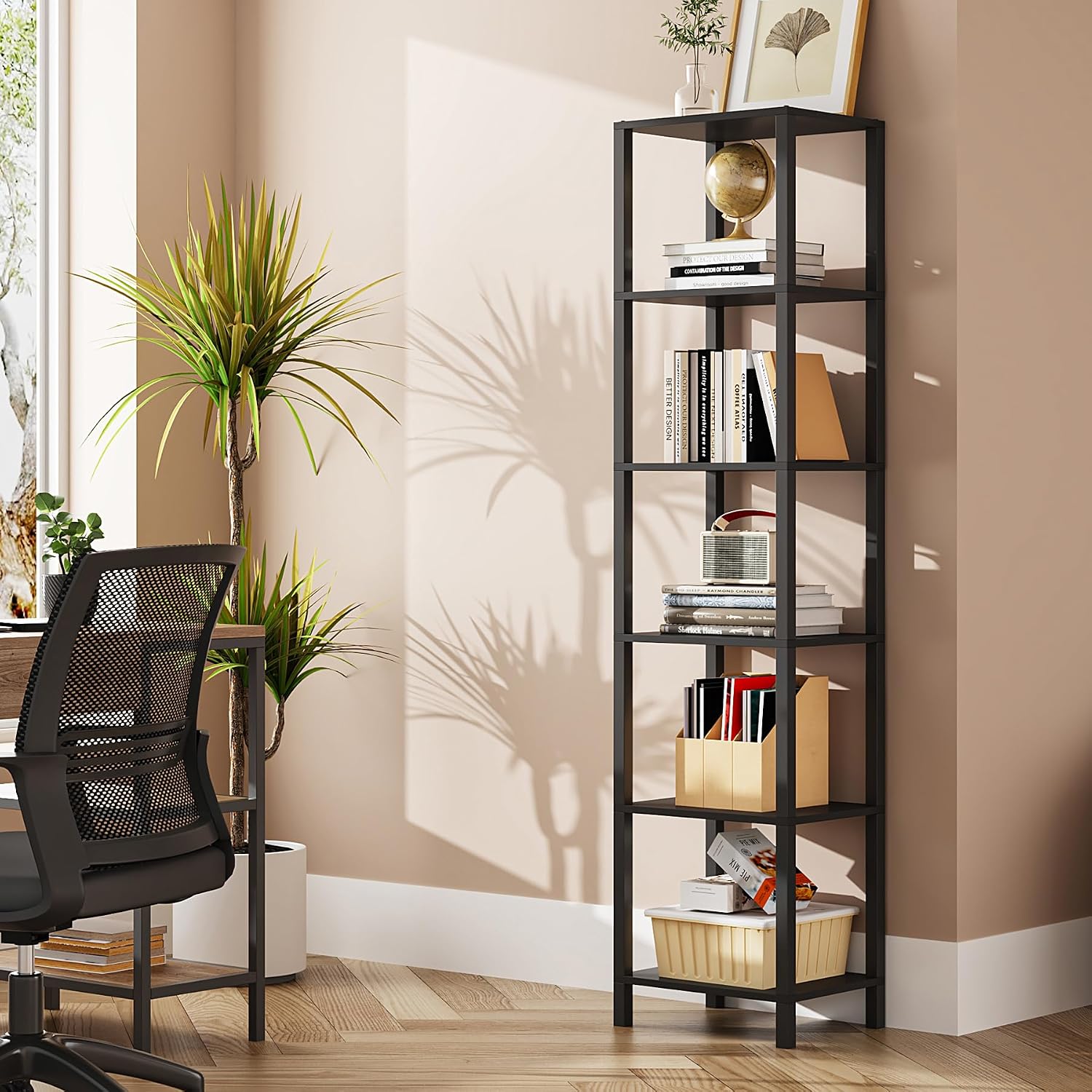 TUTOTAK Bookshelf, 6-Tier Tall Book Shelf, Narrow Bookcase for Small Space, DIY Stackable Bookshelf, for Living Room, Office, Study, Entryway, Industrial, Black BS01BK006