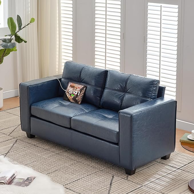 TYBOATLE 65" Blue Faux Leather Loveseat for Bedroom, Mid-Century Modern Tufted Comfy Loveseat w/USB Charging Ports and Wide Arms, 2 Seat Office Small Couch