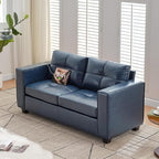 TYBOATLE 65" Blue Faux Leather Loveseat for Bedroom, Mid-Century Modern Tufted Comfy Loveseat w/USB Charging Ports and Wide Arms, 2 Seat Office Small Couch