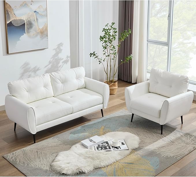 TYBOATLE Sofa Couch 61" Small Loveseat Couches for Living Room Leather Couch Mid Century Modern Tufted Mini Sofa Comfy Office 2 Seat Settee Love Seat for Small Spaces Bedroom (3, White)