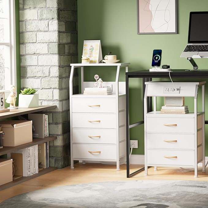 Furnulem Night Stand with Charging Station, 28.3 Inch Tall Bedside Table with...