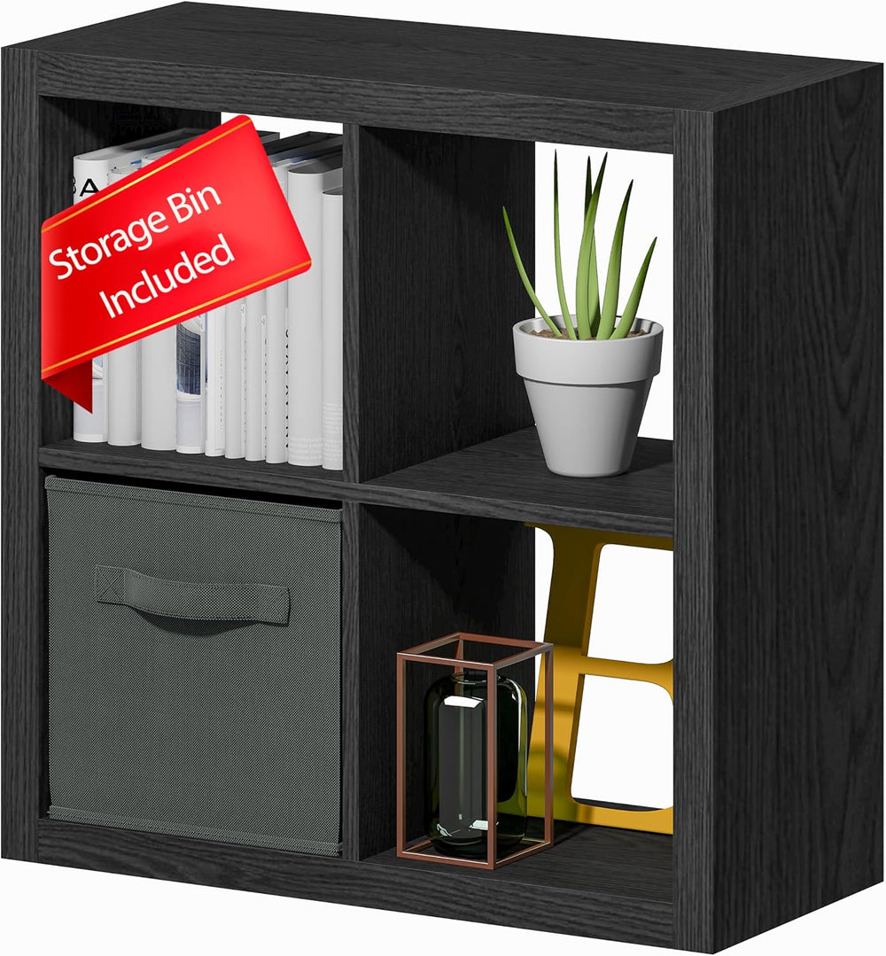 Bookshelf with Storage Bin, 4-Cube Storage Organizer, Modern Wood Open Bookca...