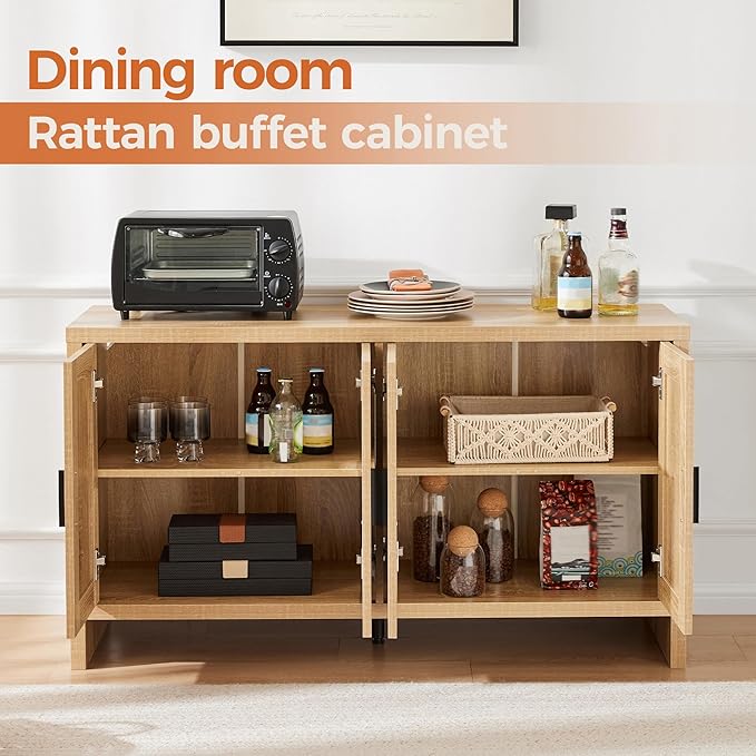 Rattan Buffet Cabinet with Storage, Sideboard Cabinet with Doors and Adjustab...