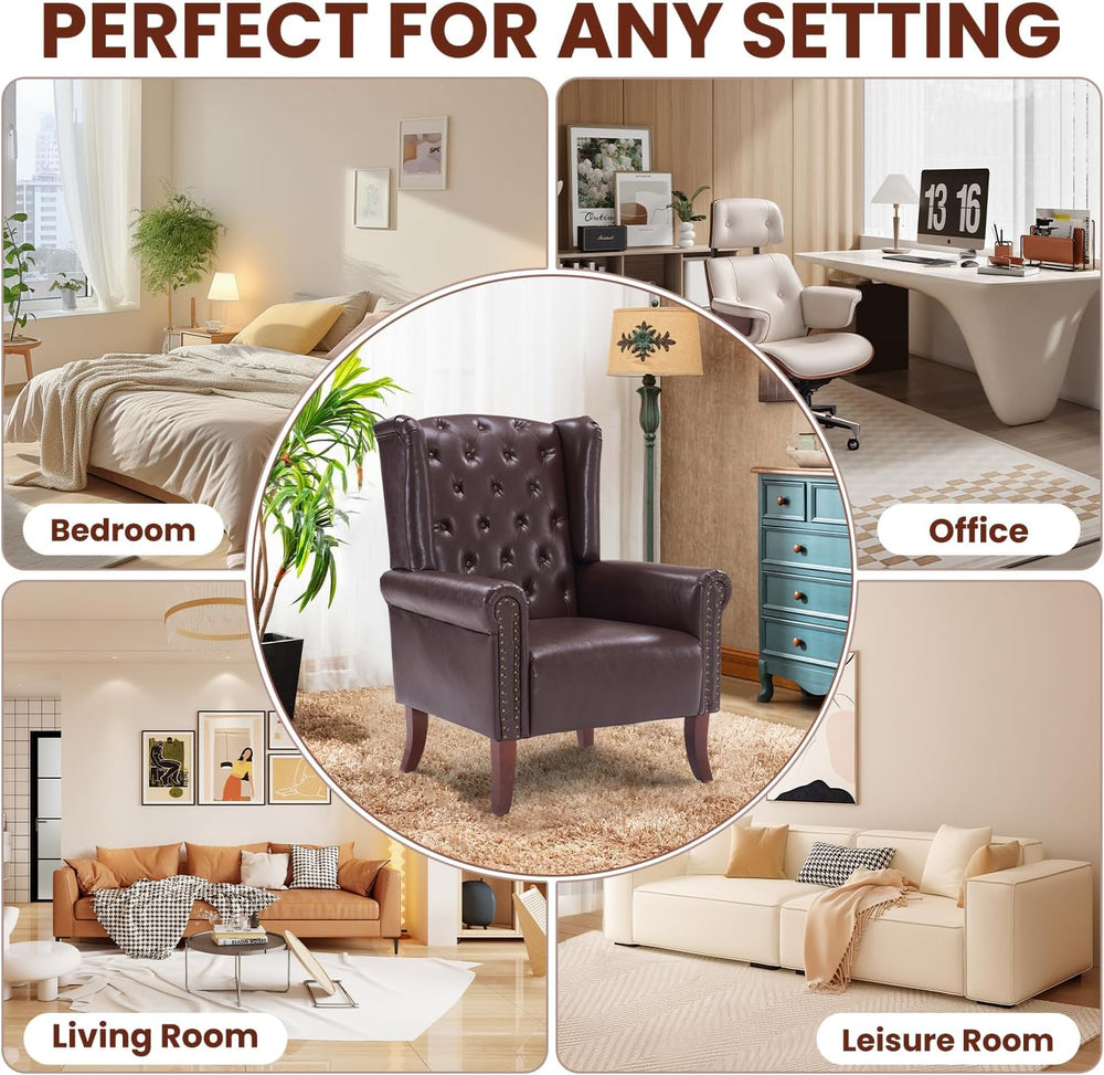 Modern Accent Chair Set of 2, Mid-Century Faux Leather Armchair Upholstered C...