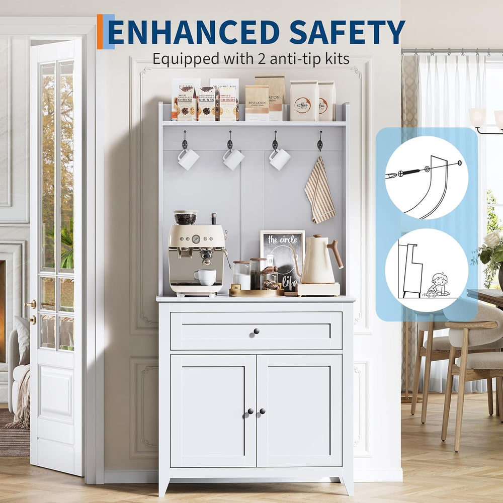 Garvee Pantry Cabinet with 4 Hooks, Kitchen Pantry Cabinet, Coffee Bar Table ...