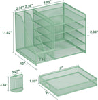 Marbrasse Desk Organizer with File Holder, 5-Tier Paper Letter Tray Organizer with Drawer and 2 Pen Holder, Mesh Desktop Organizer and Storage with Magazine Holder for Office Supplies (Green)
