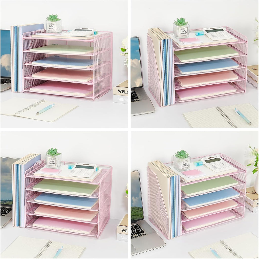 OPNICE 5-Tier Paper Organizer with Magazine Holder, Desk Organizers and Accessories, Office Desk Accessories & Workspace Organizers, Desktop File Organizer for Office Supplies Storage, Pink