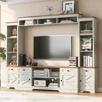 98.8" W Wall Unit Entertainment Center with Bookshelves for TVs up to 80", Modern TV Stand Media Console with Cabinets and Adjustable Shelves for Living Room (White+Walnut2)