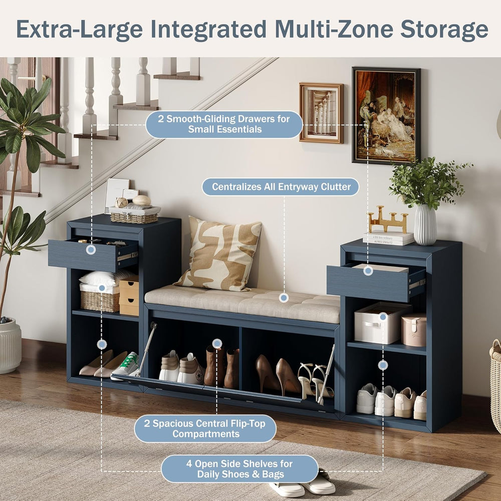 SOFTSEA All-in-One Entryway Storage Bench with Cushion, Compartments, Drawers...