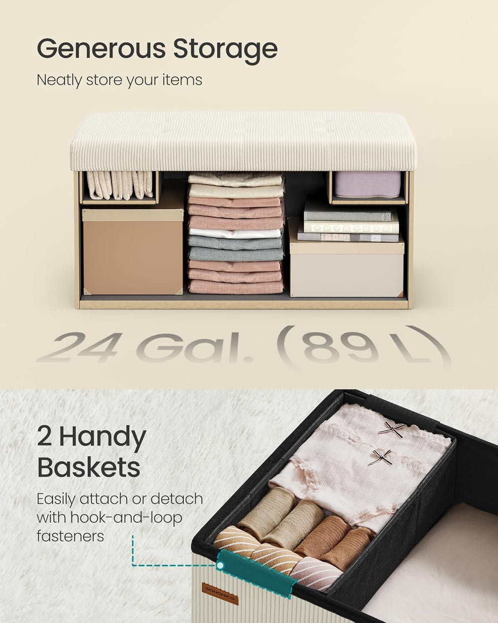 SONGMICS Mazie Collection - Storage Ottoman Bench, Foldable Foot Rest, 15 x 3...