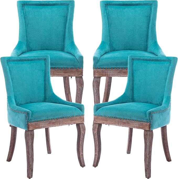 Teal Dining Chairs Set of 4, Kitchen & Dining Room Chairs, Fabric Upholstered Dinning Chairs, Sillas De Comedor, Nailhead Trim, Wood Legs (Blue, 4 Pcs)