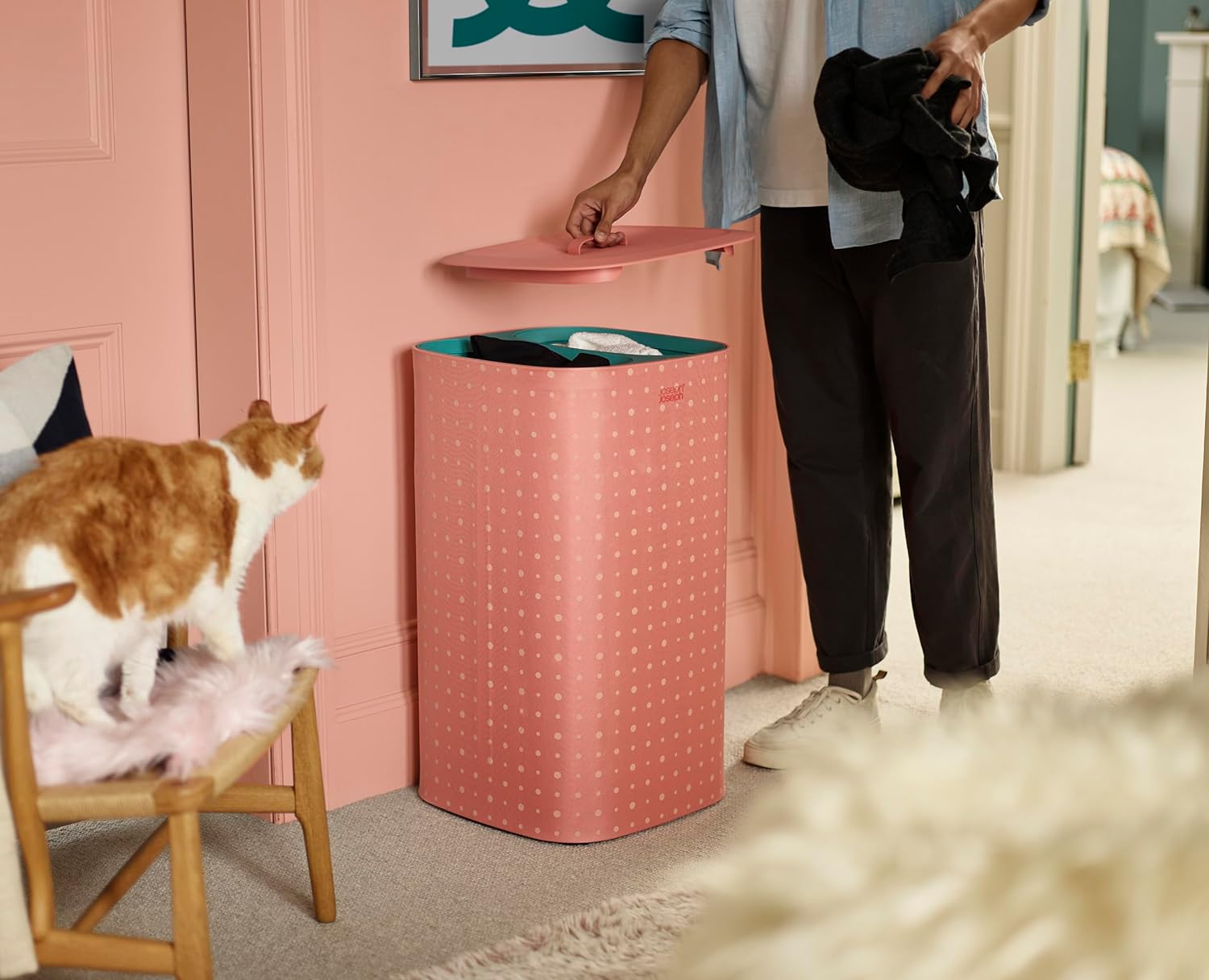 Joseph Joseph Tota Pop 60 liter/15.8 gallon Laundry Hamper Separation Basket with lid, 2 Removable Washing Bags with Handles- Coral/Green