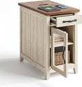 LINSY HOME End Table Set of 2 with Charging Station, Modern Farmhouse Sofa Couch Side Table, Wooden Bedside Table for Living Room, Slim Nightstand with Storage Cabinet for Small Space, Glass Door