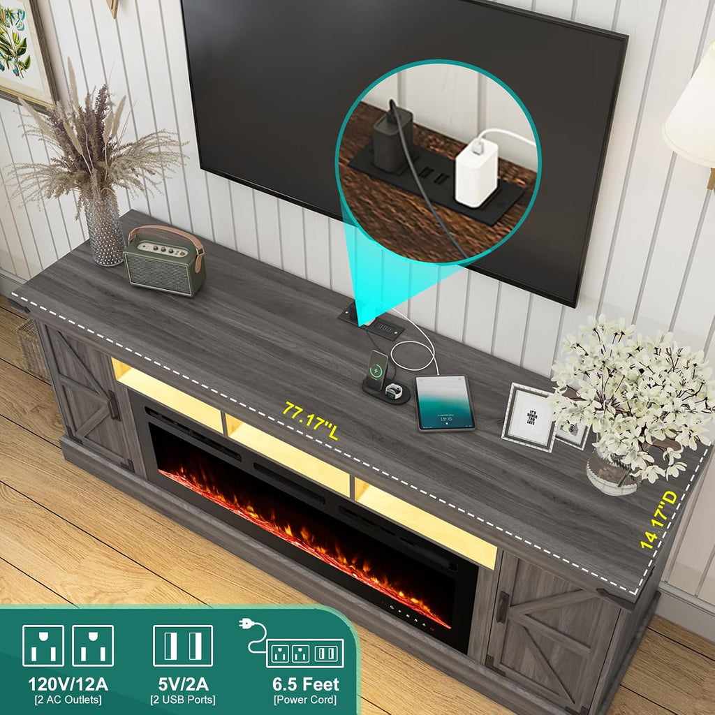 77 INCH Fireplace TV Stand for 85 Inch TVs, Farmhouse Entertainment Center with 50" Electric Fireplace and Power Outlets, LED Media Console Cabinet for Living Room, Grey
