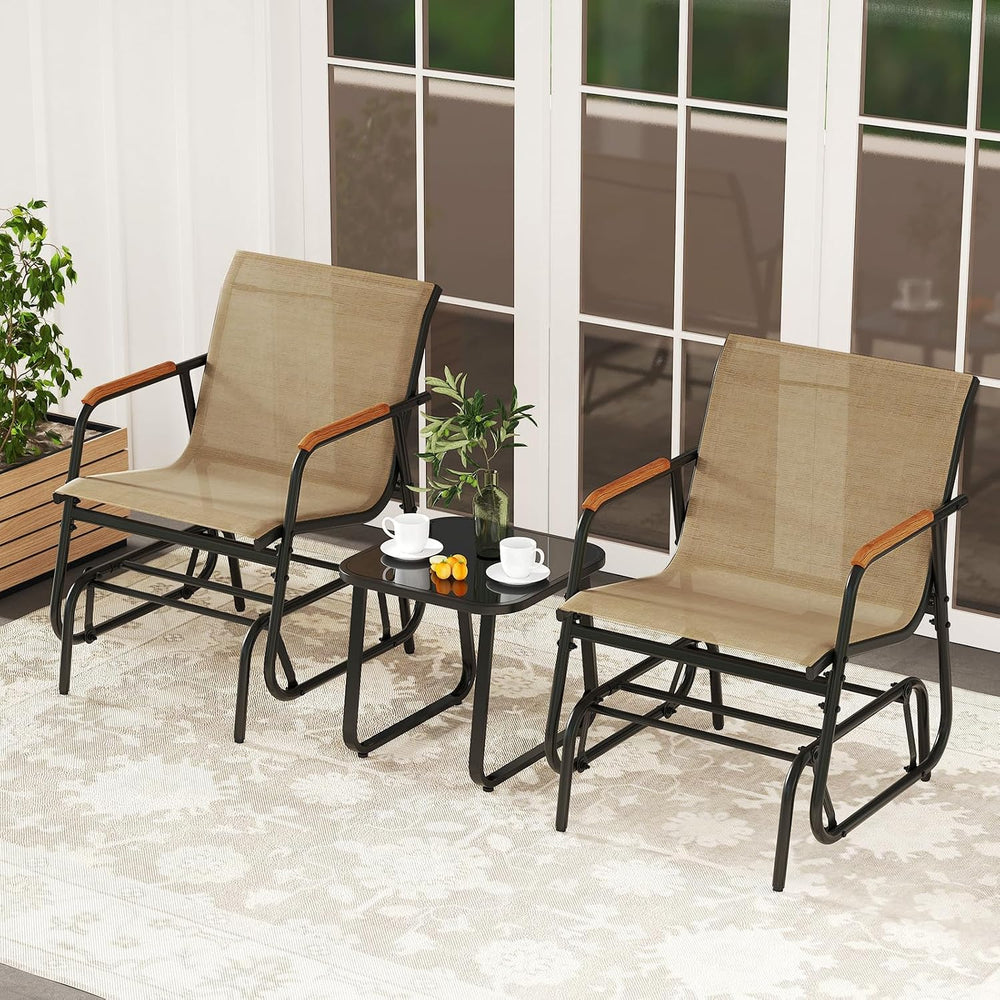 Tangkula 3 Piece Patio Bistro Glider Set, 2 Rocking Chairs w/Tempered Glass S...