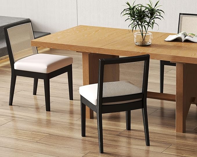 Rattan Dining Chairs Set of 2, Farmhouse Kitchen Chairs with Cane Back, Upholstered Dining Room Chairs Comfy Side Wood Chair for Living Room/Restaurant, Black Cream