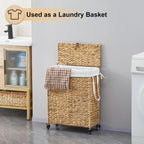 Rolling Laundry Hamper with Lid and Wheels, Slim Laundry Basket with Removable Liner Bag & 2 Mesh Bags, Handwoven Water Hyacinth Clothes Hamper for Bedroom Bathroom (Natural, 85L)